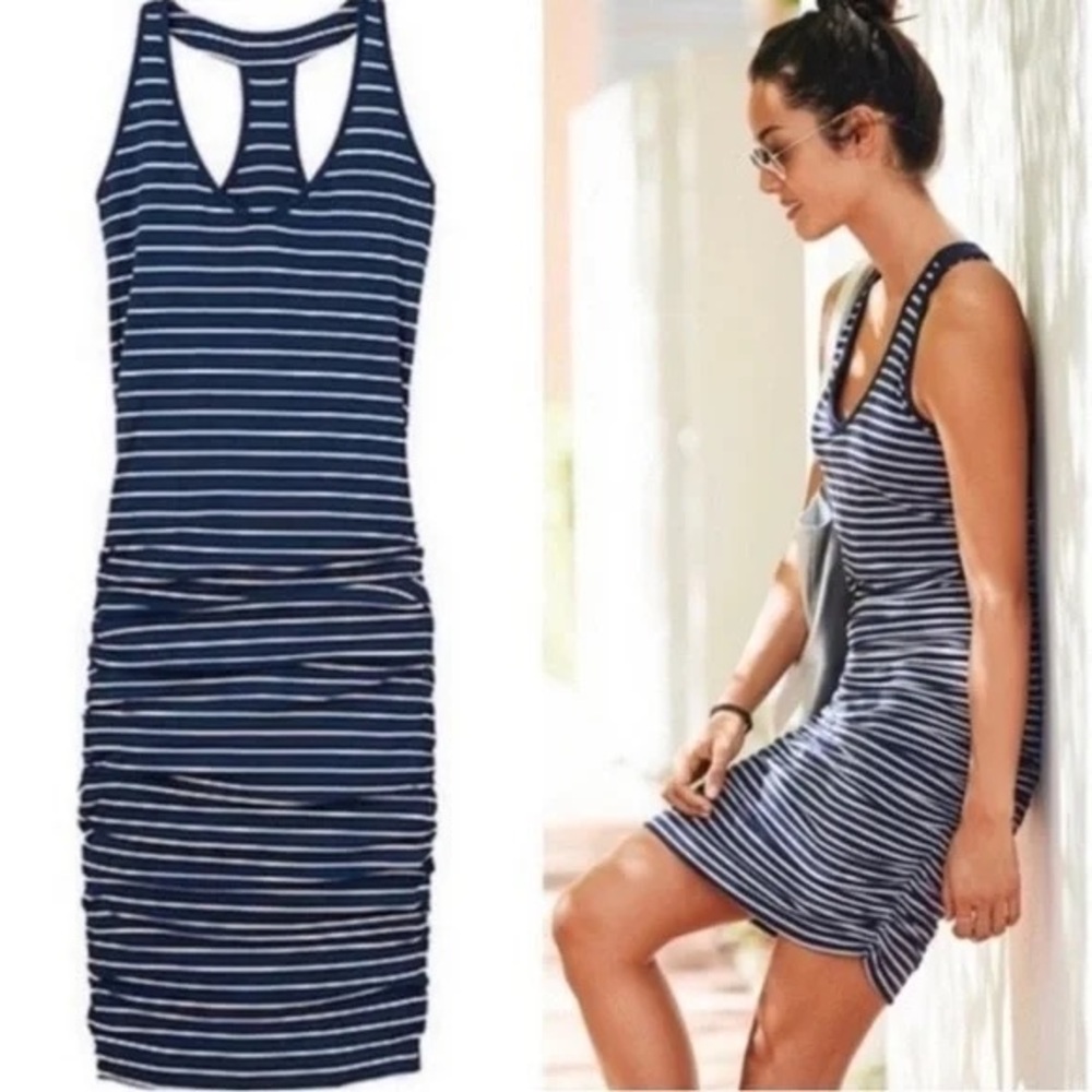 Athleta Racerback Navy and White Striped Ruched Dress